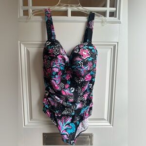 Anne Cole Size 16W One Piece Black Floral Multicolor Swimsuit